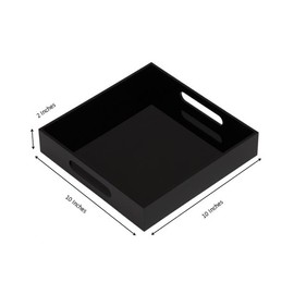 KEVLANG Glossy Black Sturdy Acrylic Serving Tray with Handles-10x10Inch-Serving Coffee,Food,Breakfast,Butler-Kitchen Countertop Tray-Makeup Drawer Organizer-Vanity Table,Ottoman Tray-Decorative Tray