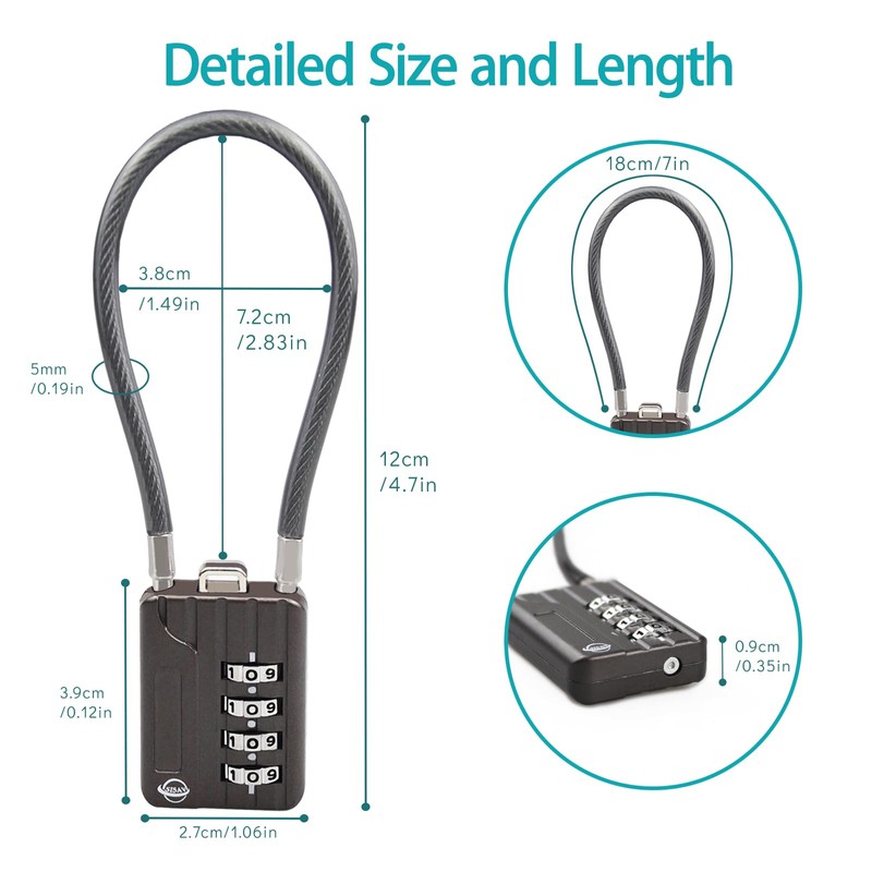 4 Digit Cable Combination Lock 7.1 inches Bold Cable for