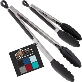 Gorilla Grip Heat Resistant BBQ Kitchen Tongs, Nonstick Silicone Tips, Strong Grip, Pull Lock, 7 and 9 Inch, Black
