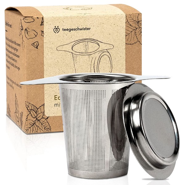 teegeschwister® Fine Tea Strainer for Loose Tea, Stainless Steel Tea Filter with Lid/Drip Tray, Wide Double Handle for Various Cup Sizes