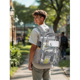 QOECI Clear Backpack Heavy Duty for Women Men Boys Girls, Transparent See Through Backpack with Accessories, Large TPU Bookbag for School Sport College Work Travel Security, Grey