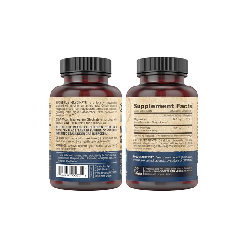 DEVA- Glicinato de Magnesio Vegano 300mg con Minerales Traza, Mayor
