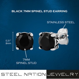 Men's Black Spinel Stud Earrings - 7mm Stainless Steel, Push Back for Secure Fit, Hypoalleregnic