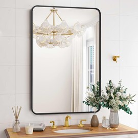 Bathroom Mirror, 24x36 Inch Metal Framed Rectangle Rounded Mirror for Wall, HD Eco-Friendly Matte Black Vanity Mirror for Bathroom, Entryway, Living Room, Hallway, Hangs Horizontally or Vertically