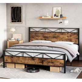 Senfot King Bed Frame with Rustic Wood Headboard, Metal Platform Bed Frame King Heavy Duty, Sturdy Steel Slat Support, No Box Spring Needed, Brown