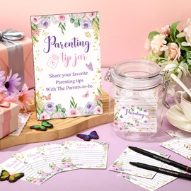 Suzile 76 Pcs Baby Shower Game Prizes Advice Baby Shower to Baby Parenting Tip Jar Sign for New Parents 60 Cards 12 Pens 2 Cute Stickers 1 Pet Bottle for New Parents Guest Party(Butterfly Theme)