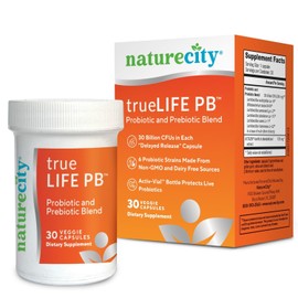 NatureCity True-Life-PB Shelf Stable Blend Prebiotics and Probiotics for Women and Men - Digestive Gut Health Supplements for Women and Men - Dairy Free - (30 Veggie Capsules)