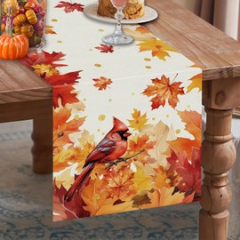 Fall Table Runner Design for Cardinal Red Bird Maple Leaves Autumn Thanksgiving Table Decorations Home Kitchen Dining Party Decor 13x48 Inch