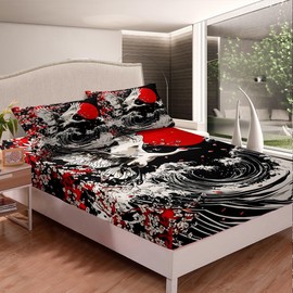 Loussiesd Japanese Wave Fitted Sheet 90 x 200 cm Crane Japanese Style Fitted Sheet Exotic Oriental Fitted Sheet Japanese Ukiyoe Traditional Retro Theme Bed Sheet Set