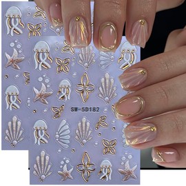 Jellyfish Nail Art Stickers 5D Embossed Ocean Style Nail Decals 2PCS Starfish Shell Marine Life Self-Adhesive Summer Nails Design Jelly Nail Stickers Manicure Supply for Women DIY Nail Art Decorations