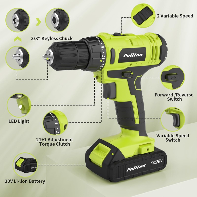 PULITUO'S 20V Cordless Drill/Driver, Electric Screwdriver - 2 Batteries, 30Nm,