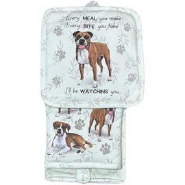 Boxer 3-Piece Kitchen Set - Oven Mitt, Pot Holder & Kitchen Towel Set, Heat Resistant up to 420 F, Soft Quilted Cotton for Cooking, Baking, BBQ, Pet Lover Gifts (Boxer)