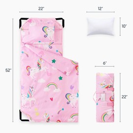 Wake In Cloud - Cot Nap Mat with Pillow and Blanket, for Toddler Kids Boys Girls in Daycare Kindergarten Preschool Pre K with Elastic Corner Straps, Cute Colorful Unicorns, Pink White