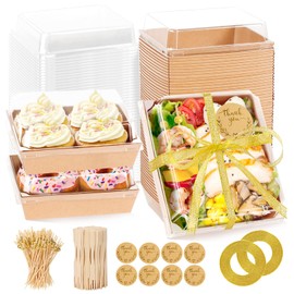 CADVJXZ 100 Pack Charcuterie Boxes with Clear Lids, 5.5 Inch Mini To Go Charcuterie Food Containers+200 Cocktail Picks+100 Lables, 504 Pcs Disposable Paper Dessert Boxes for Salads,Dessert Cake