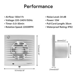 Cazooo 100mm Bathroom Extractor Fan with Timer and Pull Cord, 12W 130m³/h Silent Bathroom Fan, Wall/Window Mounted Extractor Fan for Kitchen Toilet Office, 34 dB, White