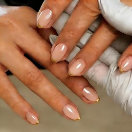 Uñas postizas cortas con punta francesa ovalada y pegamento, color nude natural, 12 tamaños, kit de 24 uñas postizas de gel suave para mujer, ajuste p