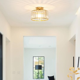 Crystal Ceiling Light Fixture, Modern Semi Flush Mount Ceiling Light, Gold Hallway Lighting Fixtures Chandelier for Kitchen, Close To Ceiling Light Fixtures for Entryway Bedroom, 1-Light, 11Inch