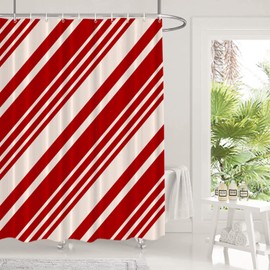 Shrahala Red White Christmas Candy Cane Decorative Shower Curtain, Stripe Stripe Bathroom Décor Polyester Fiber Waterproof with Plastic Rings for Shower Stall Bathtubs 72 x 72 in