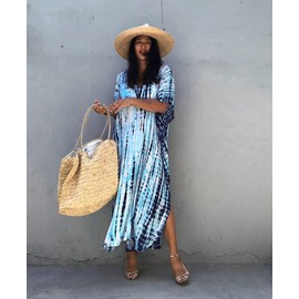 Bsubseach Women Beach Kaftan Dresses Half Sleeve Plus Size Bathing Suit Cover Ups Caftan Dresses Light Blue