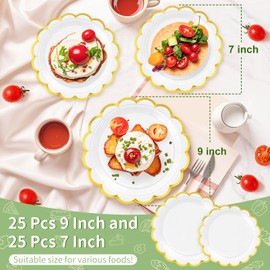 LIKAJON 50 Pcs White Paper Plates, 25 Pcs 9" and 25 Pcs 7" Disposable White Scalloped Plates with Gold Foil for Graduation Wedding Baby Shower Birthday Party Picnic BBQ