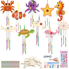 Aitsite 10 Stück Windspiel Bastelset Kinder Meerestiere aus Holz DIY Windspiel Basteln Färben Kreativsets für Mädchen Jungen Bastelset Kindergeburtstag Gartendekoration