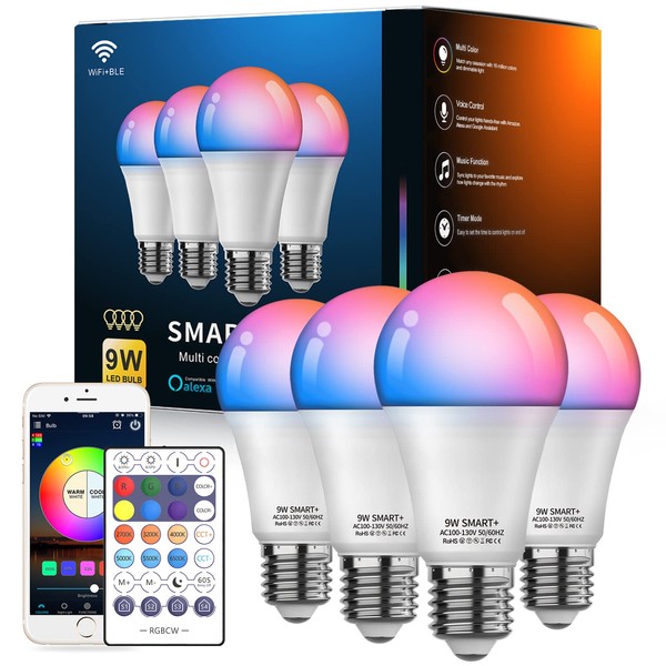 Vanance Smart Light Bulbs 4Pack with Remote, A19 E26 800LM LED Color Changing Light Bulb, WiFi & Bluetooth 5.0, Warm to Cool White, Dimmable, RGB Smart Home Lighting Work with Alexa Google Assistant