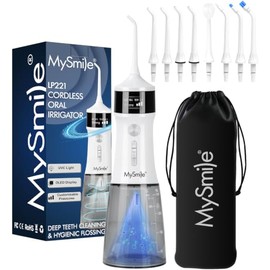 MySmile LP221 UVC Irrigadores dentales inalámbricos esterilizables para dientes Hilo dental portátil con pantalla OLED de 335 ml con 4 modos, 8 puntas