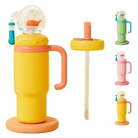 Drinking Cup With Whale Squirt, 24oz Whale Water Bottle with Handle, Insulated Stainless Steel Whale Water Cups With Two Silicone Soft Tip, Leak-Proof Whale Fountain Bottle for Kids Teens (Yellow)