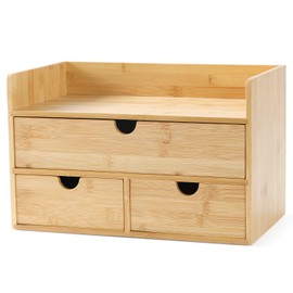Wisuce Bamboo Desk Organizer, Mini Desktop Drawer Tabletop Storage Organization Box for Office Home Toiletries Supplies Vanity, No Assembly Required (3 Drawer with Shelf)