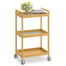 SalonDepot Glass Rolling Cart with 3-Tier Storage Design Shelves, Rolling Serving Cart on Wheels Wood Color for Dining Room, Living Room, Beauty Shop, and Salon