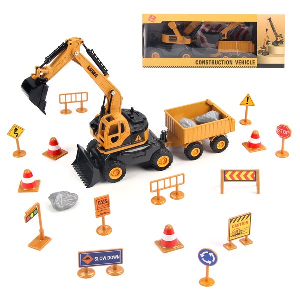 Hapavis Excavator Toys Construction Truck Inertia Vehicle Engineering Car with Trailer Road Signs Birthday Gift for Kids Boys Girls