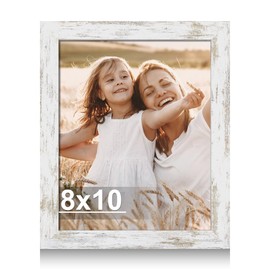 Hongkee 8x10 Picture Frame, Made of Real Glass and Wooden Frame, Horizontal and Vertical Display for Wall or Tabletop (Distressed White, 1 Pack)