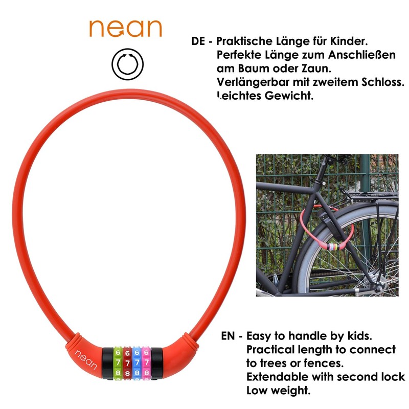 Nean children's-bicycle-cable-lock, number code combination lock in colourful design, 10