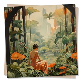 Beautiful Art Deco Style Blank Greetings Card - Plants, Pond, Lady and Skyscraper - Made in UK