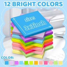 (24 Pads) Sticky Notes 3x3 in Post, 12 Bright Colors Self-Stick Note Pads it, Strong Adhesive, Easy to Post for Home, Office, Notebook