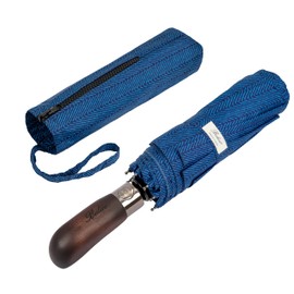 Balios Travel Folding Umbrella with Real Wood Handle Auto Open Close Vented Windproof Canopy - Designed in UK (Herringbone Navy Blue)