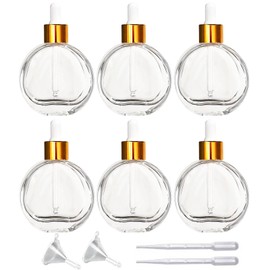 PYAWI 6Pcs, 2 oz Glass Dropper Bottles for Essential Oils ，60ml flat round perfume bottle with Eye Droppers， for Essential Oils, Perfumes, Serums - Leakproof for Travel (A- Clear)