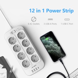 JSVER Steckdosenleiste 8 Fach mit 4 USB Ladeanschlüsse, Mehrfachsteckdose mit USB C, Wandmontage(3680W) Überspannungsschutz mit 2M Kabel Steckerleiste für Smartphones, Laptop-Weiß