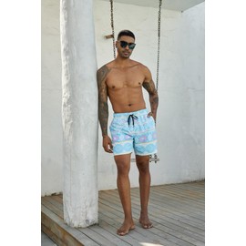 Cozople Men's Compression Liner Swim Trunks National Totem Style Board Shorts Plam Tree Hawaiian Graphic Bathing Suit with Phone Pocket L
