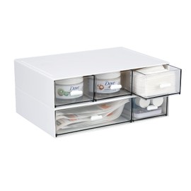 OSteed Desk Craft Organizer and Storage with 5 Flat Drawers, Stackable Plastic Storage Drawer, Desktop Accessories & Workspace Organizer, Office Stationary, Bathroom, Makeup Skincare Organizer, White