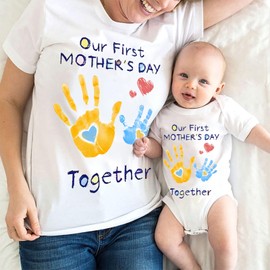 OXUBOAO Our First Mothers Matching Outfits Mommy and Me Shirts 100% Cotton 1st for New Mom Baby (Baby, 6-9M) White