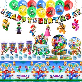 Ainvliya 95 Stück Mari Geburtstagsdeko, Partygeschirr Set mit Teller Tischdecke Servietten Ballon Deko Set, Party Supplies Kindergeburtstag Mädchen Junge