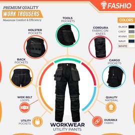 FASHIO FF Men's Cordura Work Pants Tactical Trousers with Utility Tool Pockets Heavy Duty Reinforced Carpenter Safety Pants S1 Black W38-L34