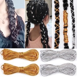 4 Pieces 5M (16.4ft) Dreadlock Braids Hair Accessories Silver Gold Braiding Hair,Deco Styling Shimmer Stretchable African Braid Braided Elastic Cord Ornament Hanging Decorating