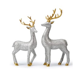 HAUCOZE 2pcs Deer Statue Decor Reindeer Sculpture Home Gifts Modern Craft Table Centerpiece Arts Polyresin Silver 12inch