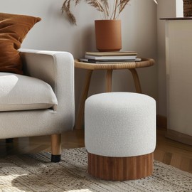 Meridian Furniture 22047Cream Veranda Collection Mid-Century Modern Ottoman/Stool with Rich Cream Boucle Fabric, Solid Wood Walnut Brown Finish Base, 16" W x 16" D x 17" H, Cream