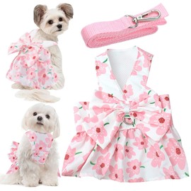 Juego de correa para vestido de perro con lazo y lazo para niñas pequeñas, ropa floral rosa para perros y gatos, trajes lindos para cachorros, vestidos transpirables para primavera y verano (Samll)
