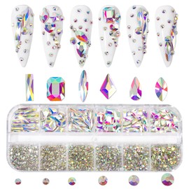 Nail Rhinestones Kit Round Flat Back Rhinestones 1500Pieces Multi Shape AB Nail Gems 10ml Gel Nail Glue with Nail Crystals Diamonds Jewelry Rhinestones for Nail Design DIY Crafts Decoration