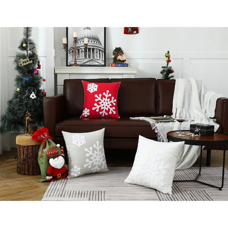 mixeoo Ivory White Winter Decorative Throw Pillow Covers Snowflake Embroidered