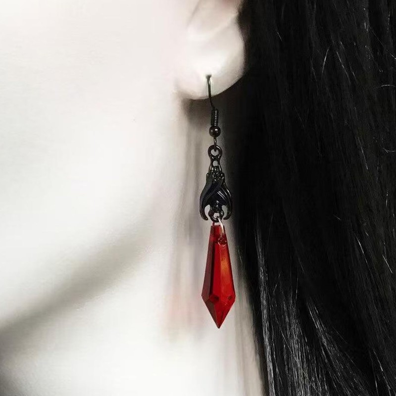Gothic Dark Bat Dangle Earrings for Women,Red Black Crystal Gems